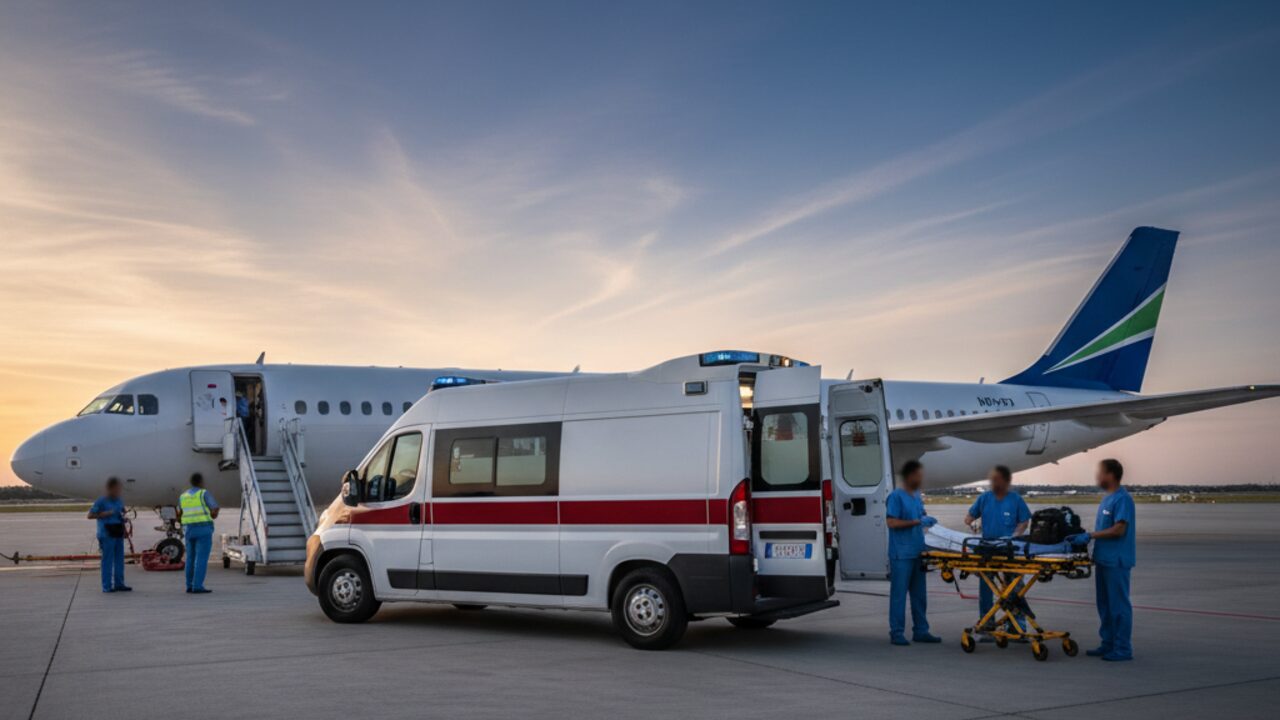 Ambulanza al fianco di un aereo per prelievo sanitario in pista