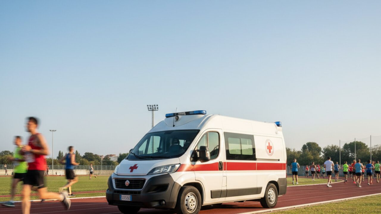 Ambulanza a bordo pista durante una competizione sportiva all'aperto