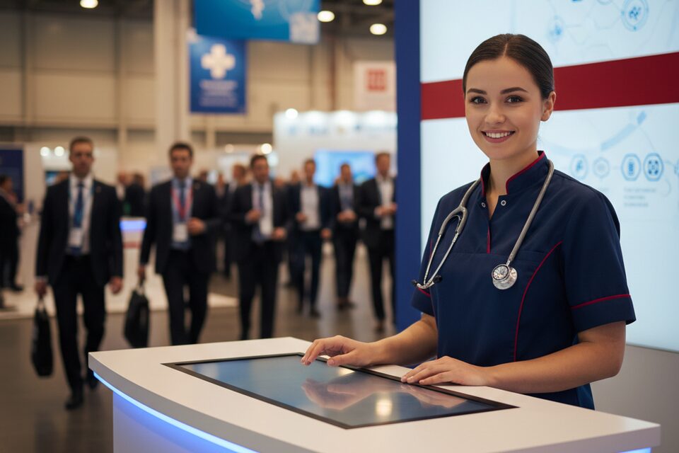 Infermiera al desk del punto medico durante un congresso internazionale