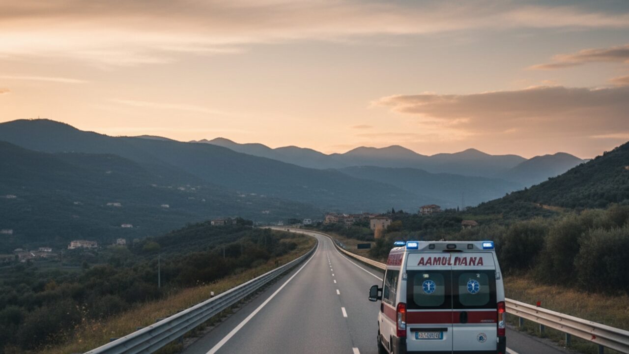 Ambulanza in viaggio di lungo raggio su autostrada italiana al tramonto