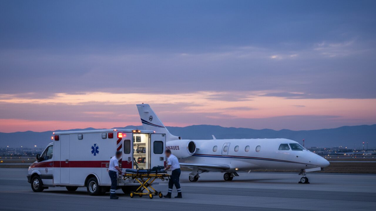 Ambulanza privata accosta a un aereo per un rimpatrio sanitario internazionale
