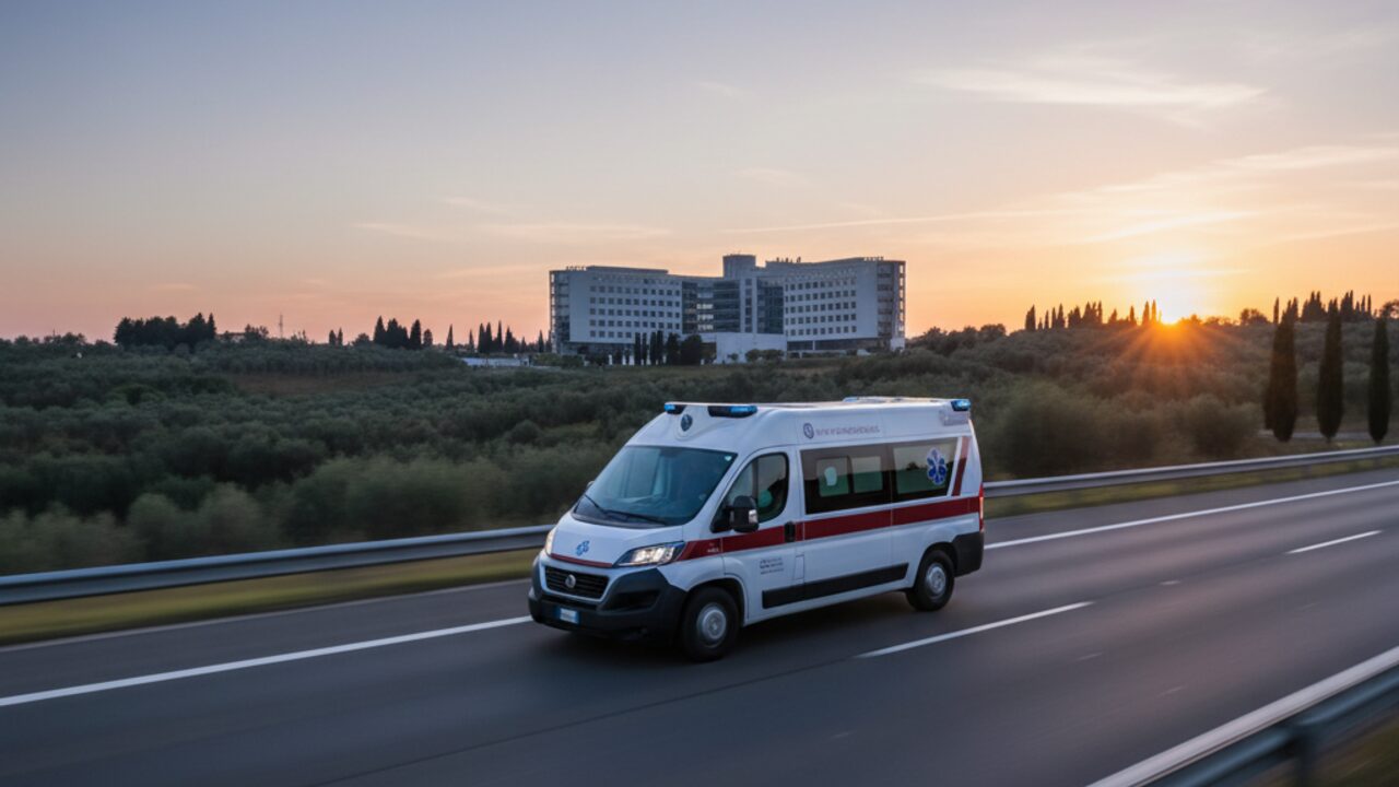 Ambulanza in trasferimento tra due ospedali italiani su autostrada