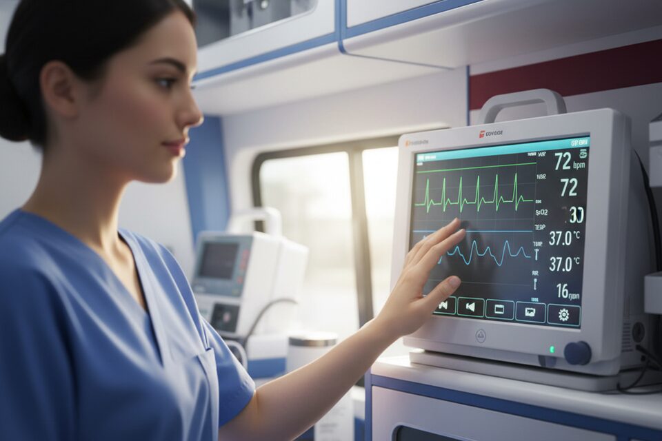 Infermiere monitora i parametri vitali del paziente durante il trasferimento inter-ospedaliero