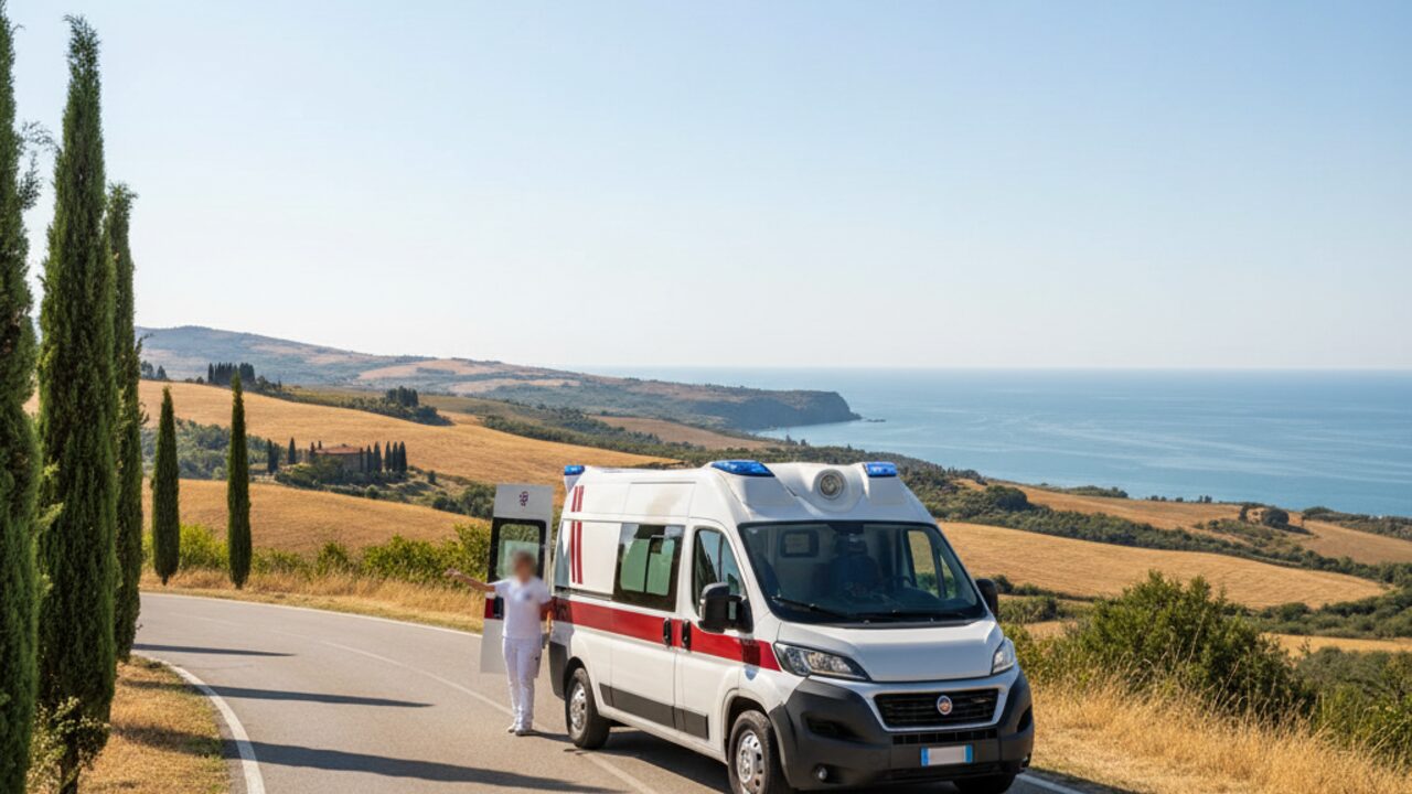 Ambulanza privata in viaggio interregionale attraverso un paesaggio italiano