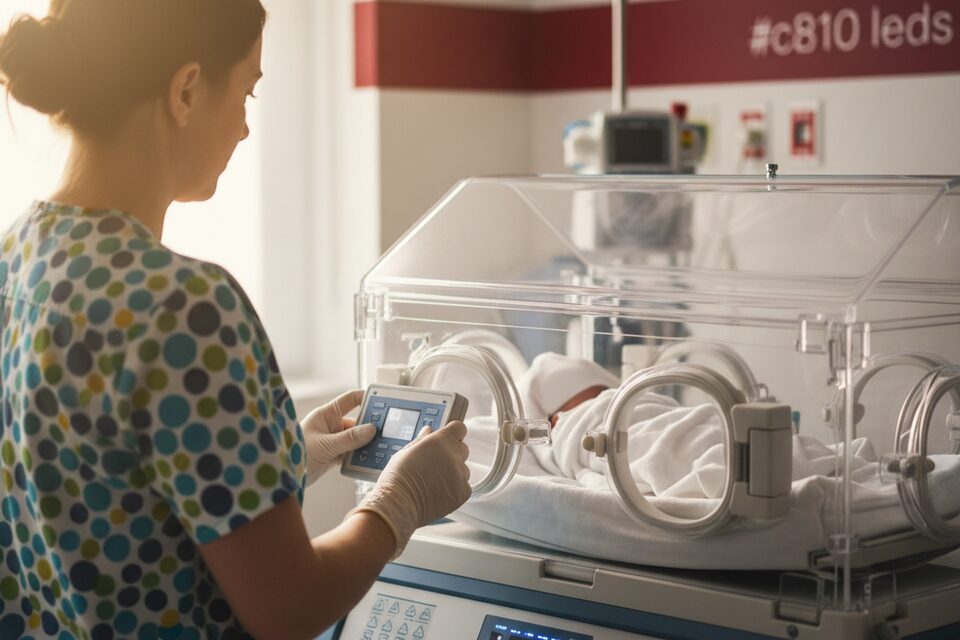 Infermiera pediatrica regola l'incubatrice per il trasporto di un neonato