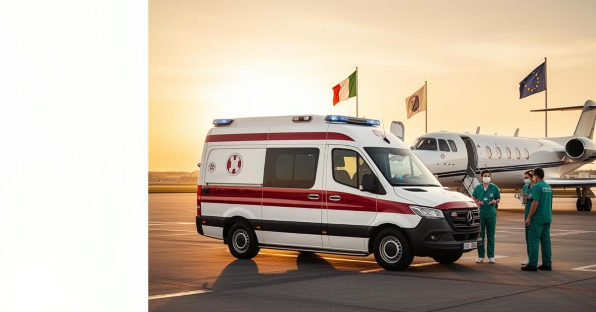 Ambulanza AmbulanzaClick.it accanto a jet sanitario in pista — rimpatri sanitari Italia ed Estero